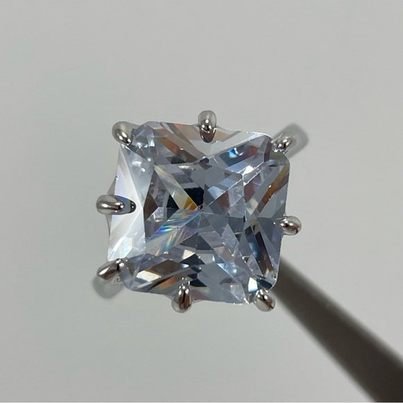 Ring Art Deco Solitaire Statement White Diamond CZ Asscher Cut Silver Plated